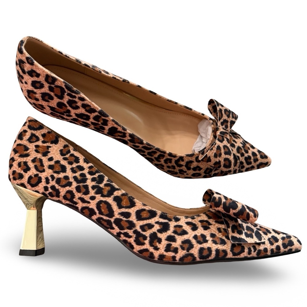 Leopard Print Pointed Toe Bow Pumps Gold metallic Kitten Heel Sz 12.5 NEW drag